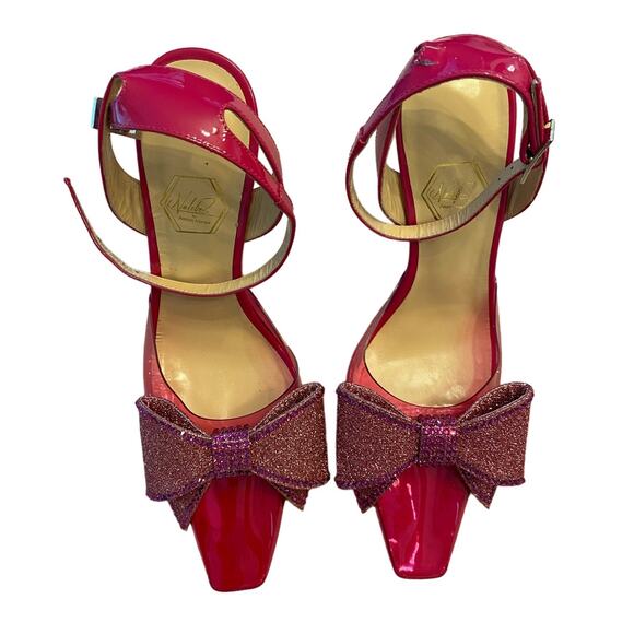 Nalebe Dimante PVC Pumps Bow Crystal Embellished Ankle Strap Square Top Pink 36 - Picture 6 of 16